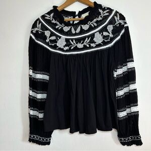 Maeve Anthropologie Women's Bouse Medium Petites Black Winona Lace Puff Sleeve